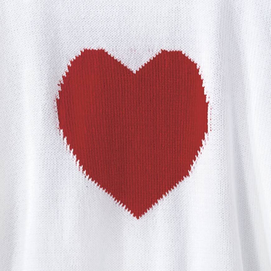 Chenille Heart White Sweater, Plush Knitted-In Red Heart, Rolled Edges - Northstyle Catalog