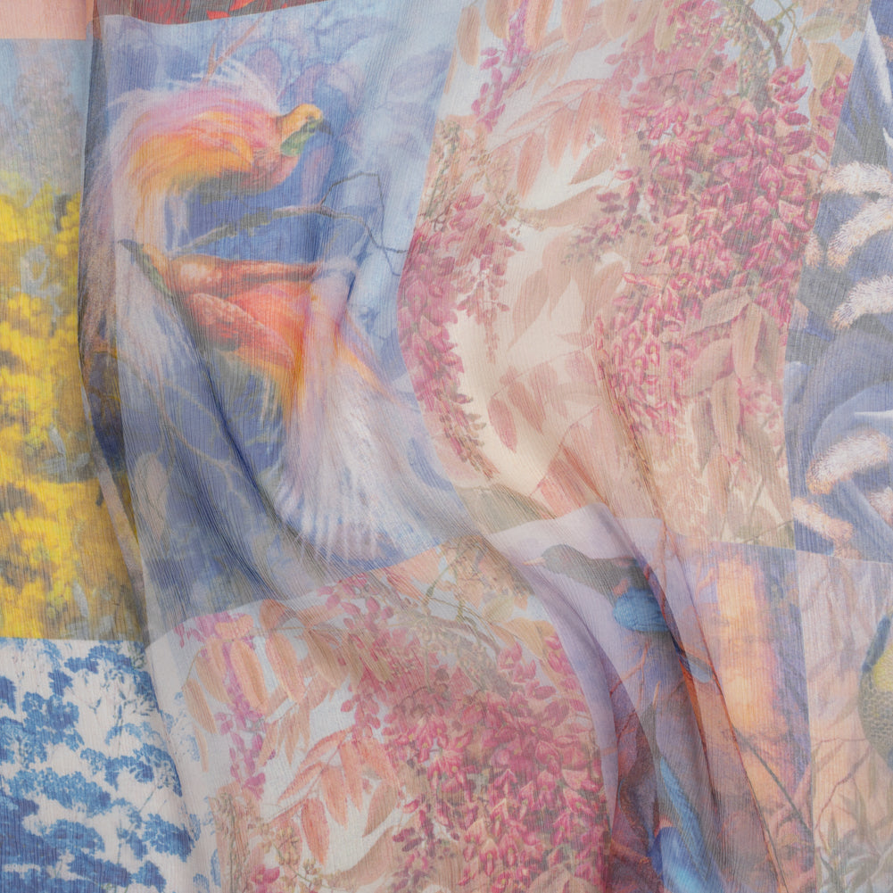 Crinkled Silk Chiffon Print - Red, Yellow and Blue Butterflies, Birds and Floral Patchwork - Deadstock - Joann Fabrics