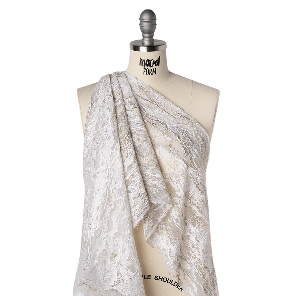 Metallic Embroidered Raschel Lace - Off White and Silver Floral and Waves with Scalloped Border - Joann Fabrics