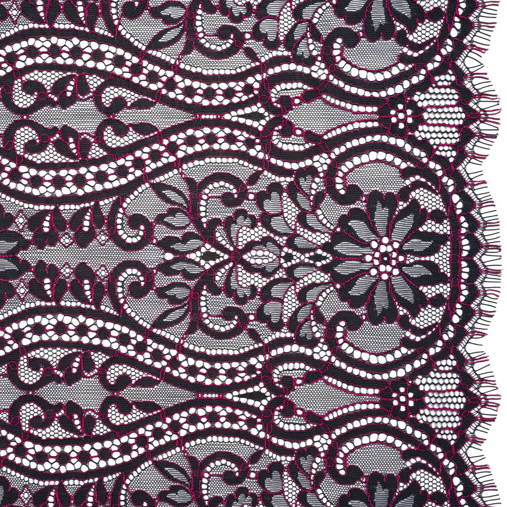 Corded Lace Panel with Finished Edges - Blue and Raspberry Rose Flowers, Dots and Wavy Lines - Joann Fabrics