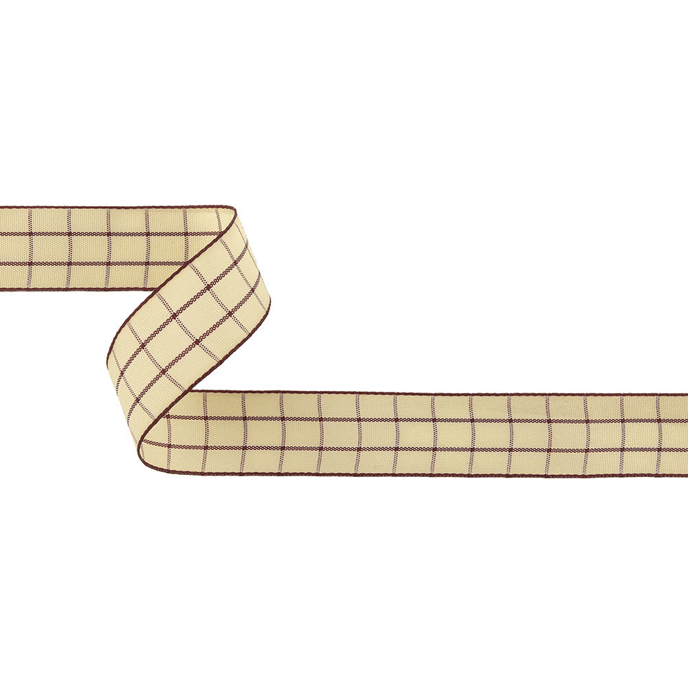 Burgundy and Ethereal Green Windowpane Check Woven Ribbon - 1