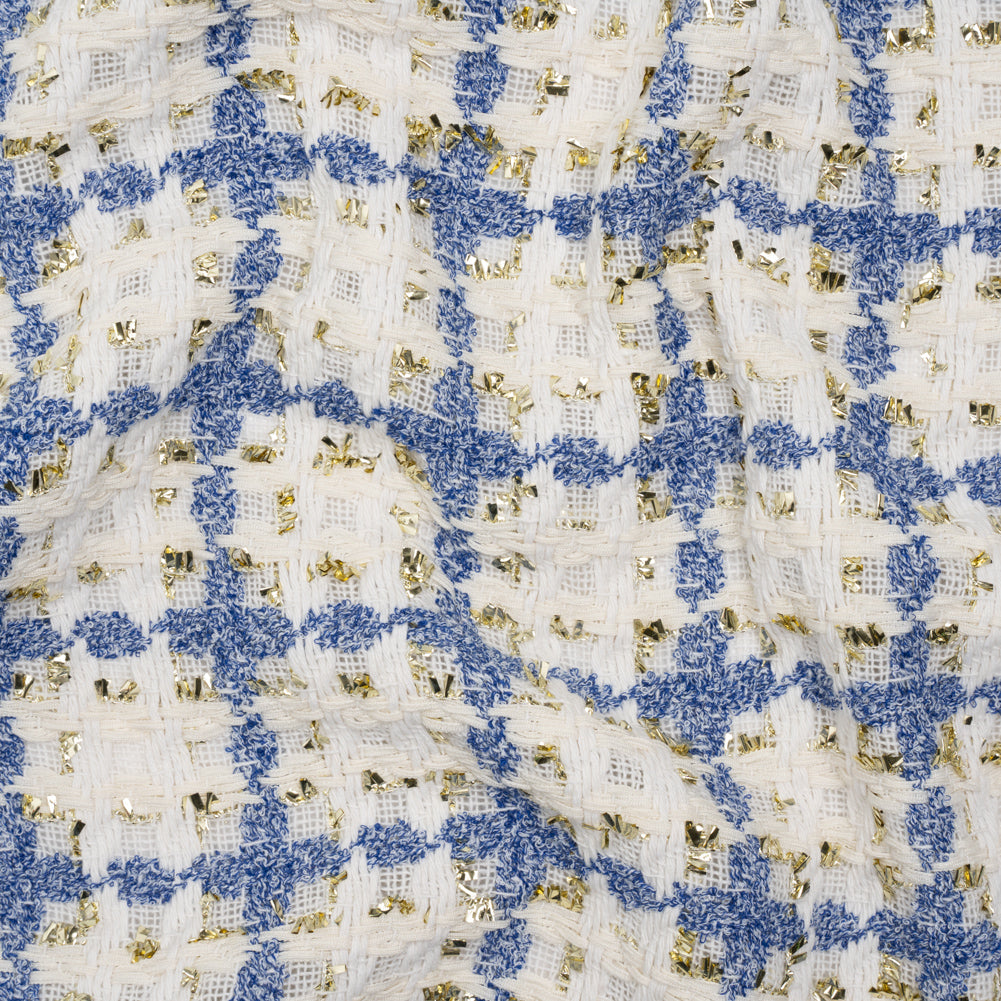 Polyester Boucle Tweed with Metallic Eyelash Fringe - White, Cobalt Blue and Gold Plaid - Deadstock - Joann Fabrics