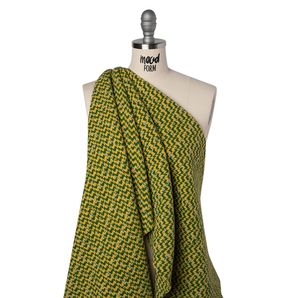 Wool Blend Tweed Twill Made in Italy - Green, Yellow and White Diagonal Stripes and Subtle Checks - Joann Fabrics