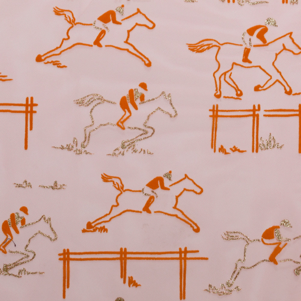 Carolina Herrera Metallic Gold, Hot Pink and Orange Horse Derby Flocked Tulle - Joann Fabrics