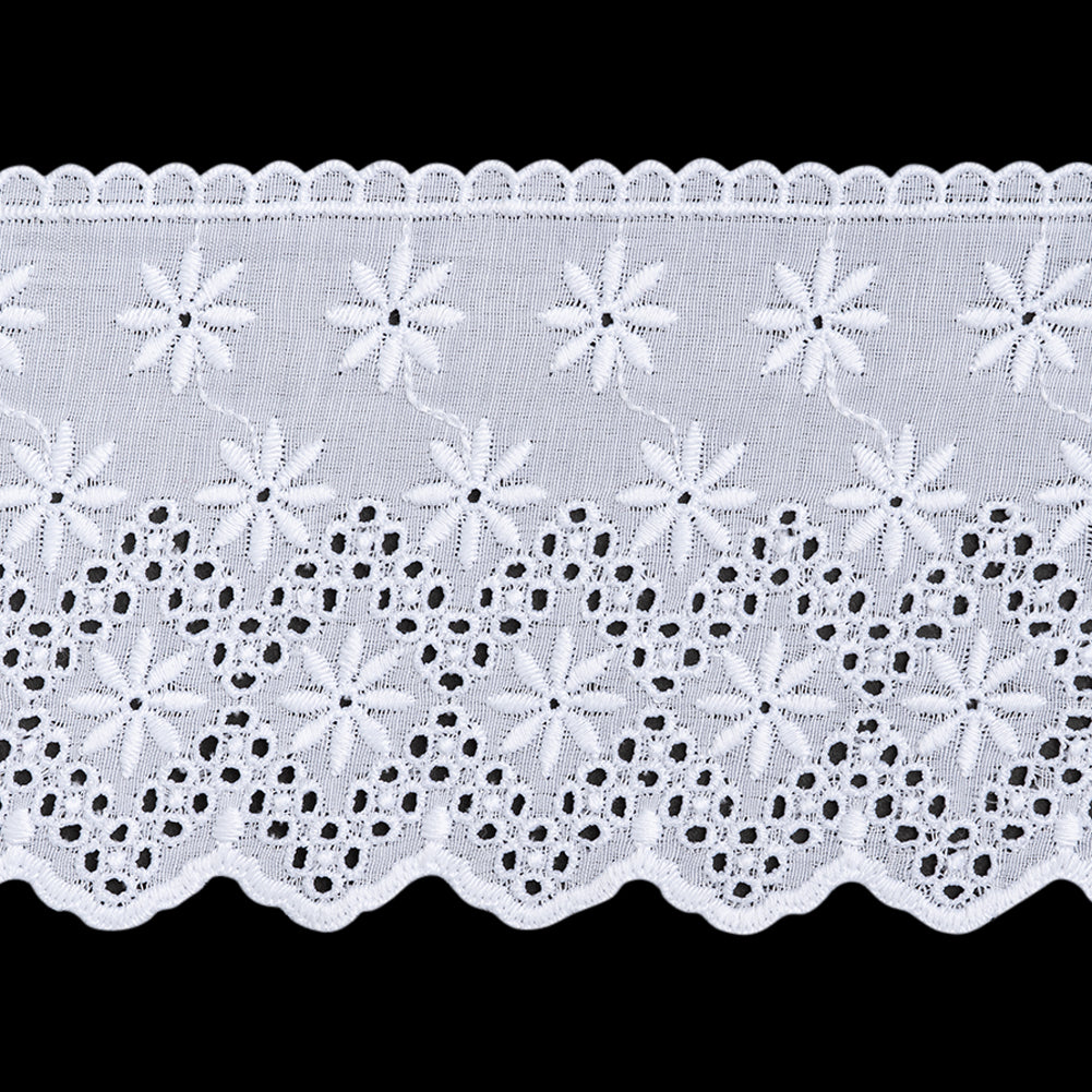 Cotton and Polyester Embroidered Eyelet Lace Trim with Scalloped Edges - 3.625