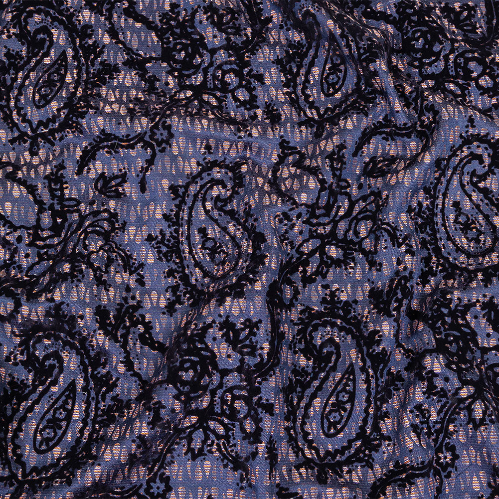 Orange, Purple and Blue Stripes and Teardrops Cotton and Polyester Jacquard with Navy Paisley Flocking - Joann Fabrics