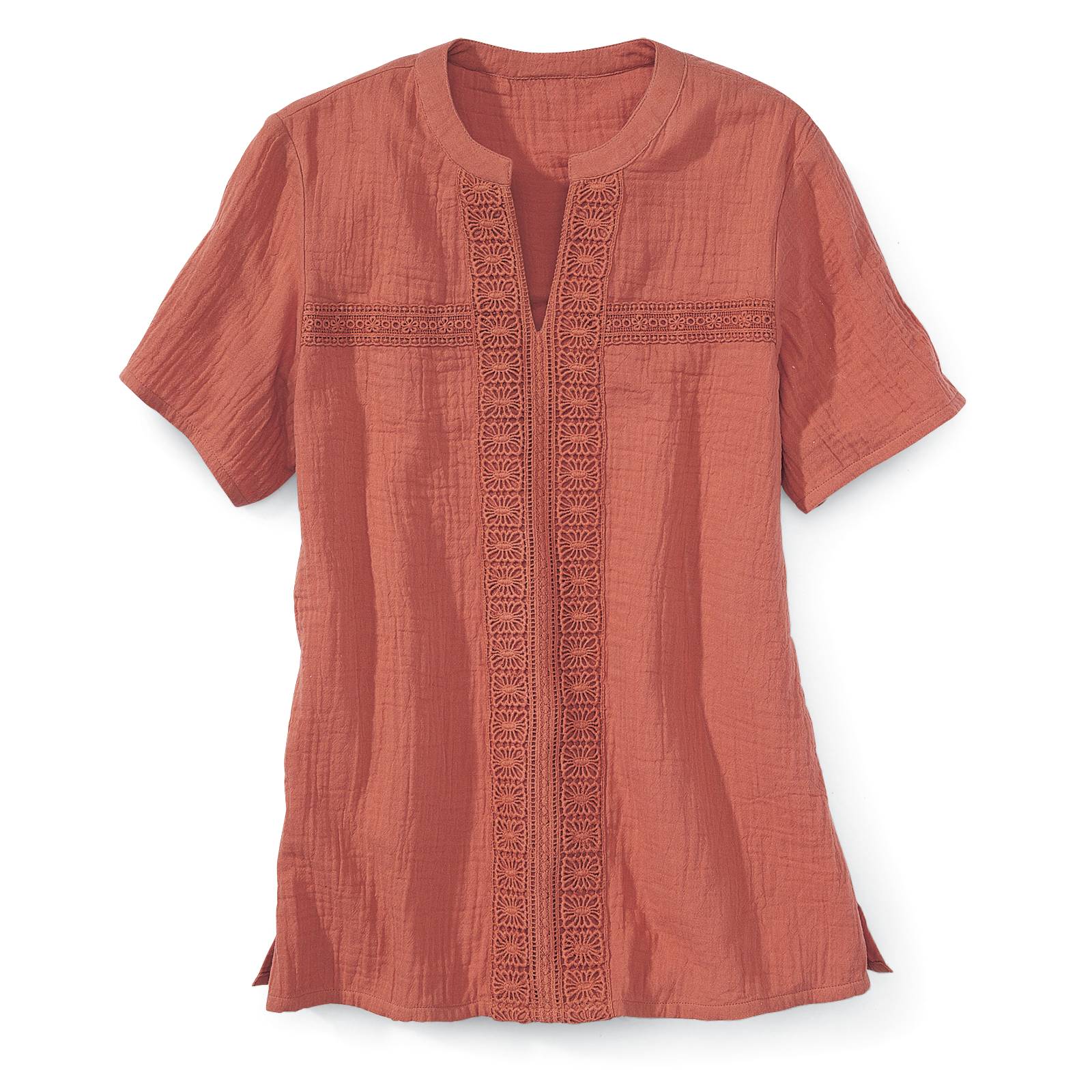 Lace-Trimmed Top, Double-Cloth Cotton Gauze, Short-Sleeve Pullover - Northstyle Catalog