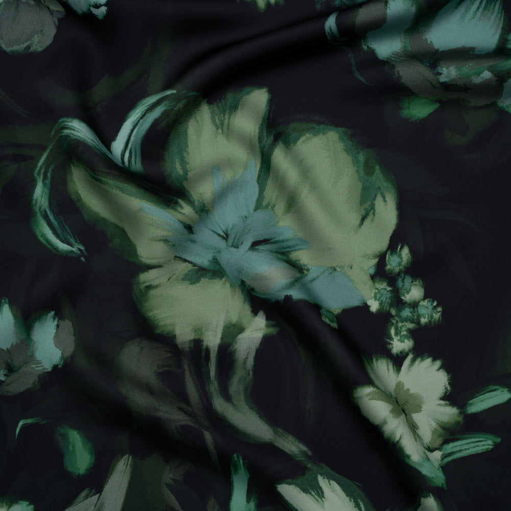 Polyester Satin - Forest, Sage and Sea Green Painted Flowers - Mood Exclusive Petal Veil Print - Joann Fabrics