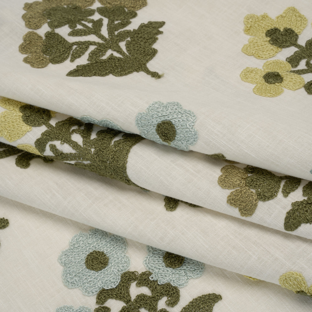Polyester and Cotton Slubbed Drapery Woven with Viscose Embroidery - Lagoon Simple Flowers - British Imported - Joann Fabrics