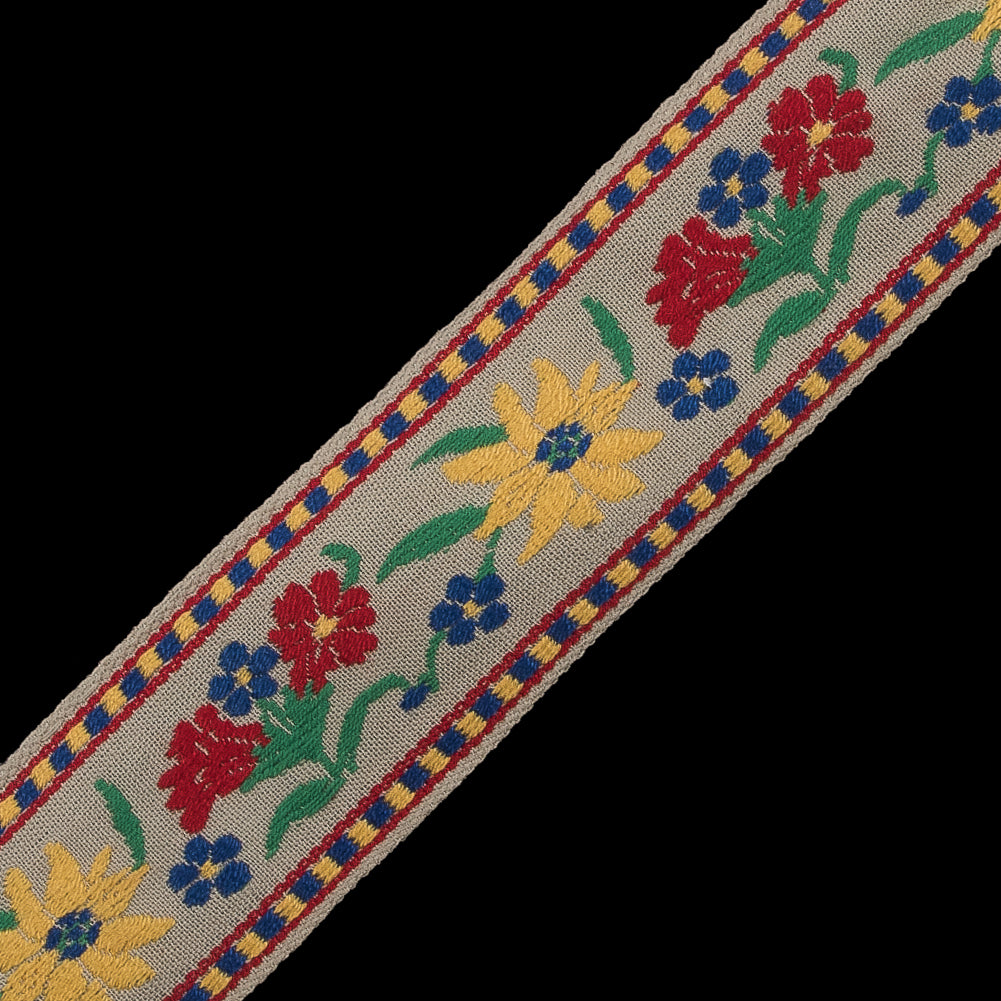 Red, Yellow and Blue Floral Jacquard Ribbon - 1.625