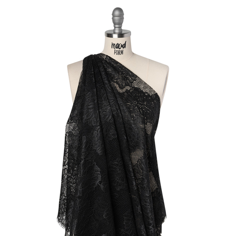 Corded Raschel Lace Panel with Finished Edges - Black Big Flowers on Diamond Net - Joann Fabrics