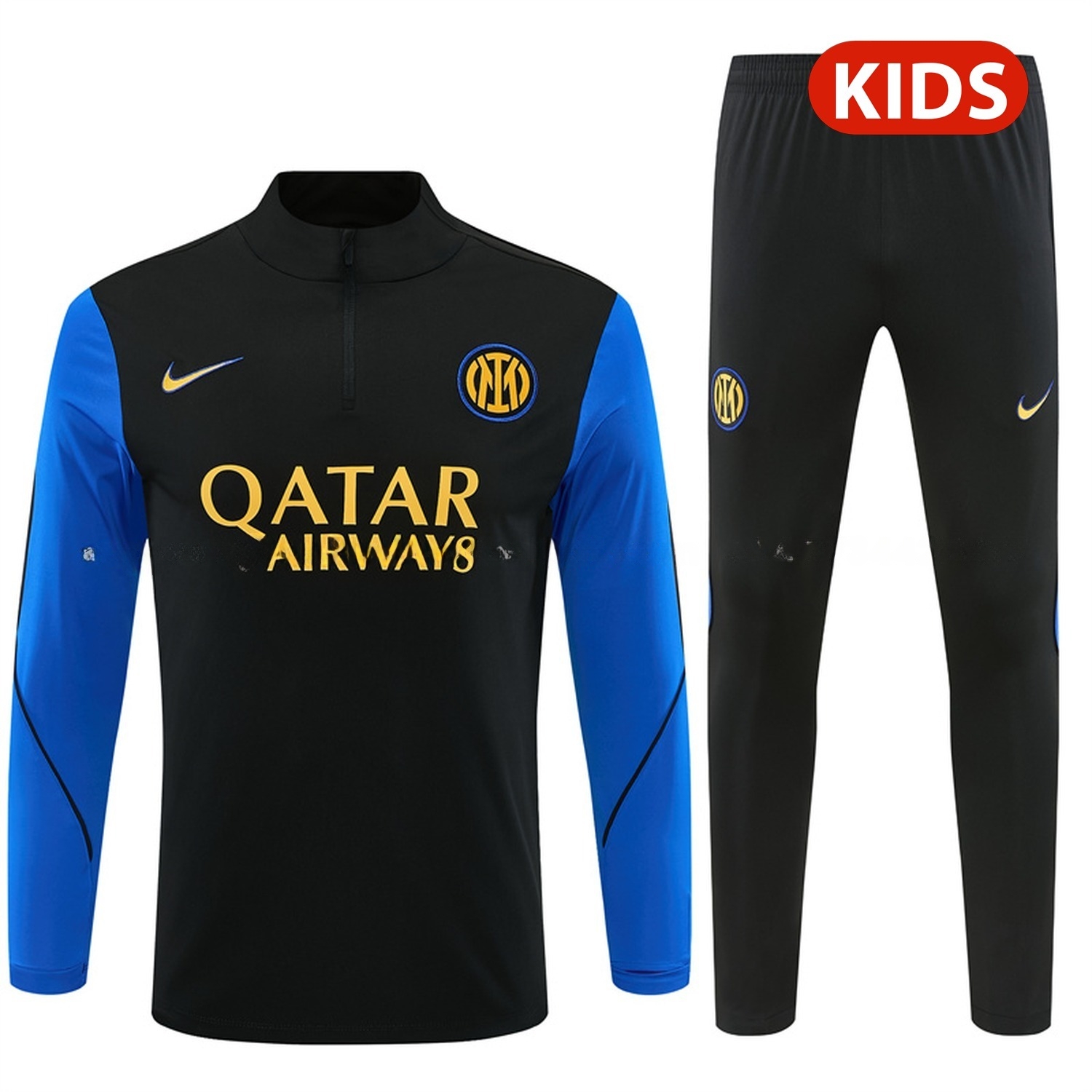 Inter Milan 26-27 Blue Sleeves Kids Long Sleeve Training Set - Black Top & Black Pants - UnitedFutballJersey