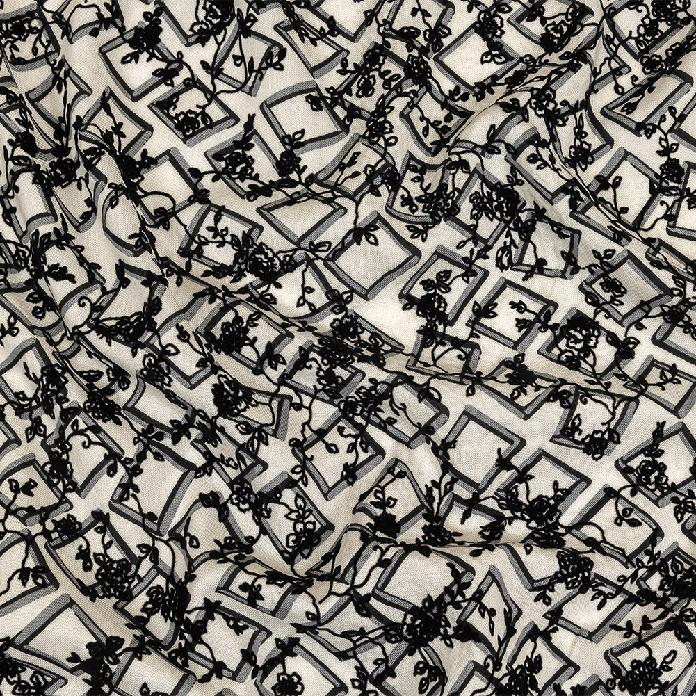 Black and White Flocked Florals on Tossed Squares Printed Viscose Woven - Joann Fabrics