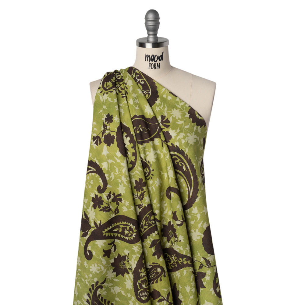Linen and Rayon Woven - Kiwi Green and Dark Brown Paisley and Vines - Mood Exclusive Groovy Grove Print - Joann Fabrics