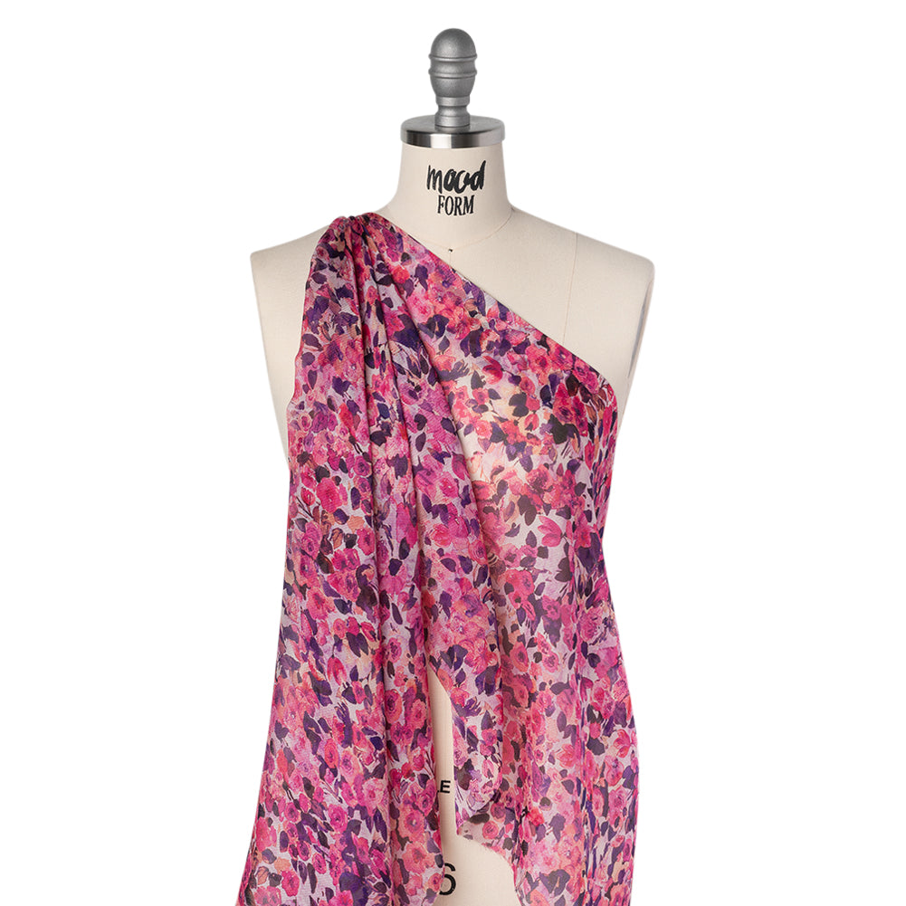 Silk Birdseye Pique Voile Print Made in Italy - Pink, Dark Purple and Lavender Watercolor Roses - Deadstock - Joann Fabrics
