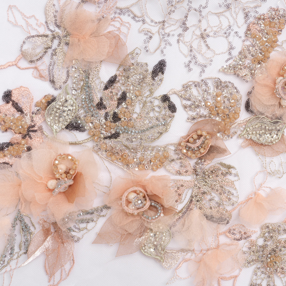 Embroidered and Beaded Tulle with 3D Fabric Flowers - Pale Pink, Peach and Gray Bold Blossoms - Joann Fabrics