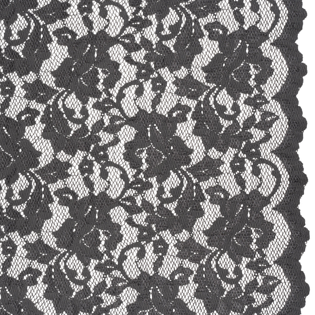 Stretch Raschel Lace with Finished Scalloped Edges - Luminous Gunmetal Gray Flowers, Leaves and Swirls - Crina Collection - Joann Fabrics