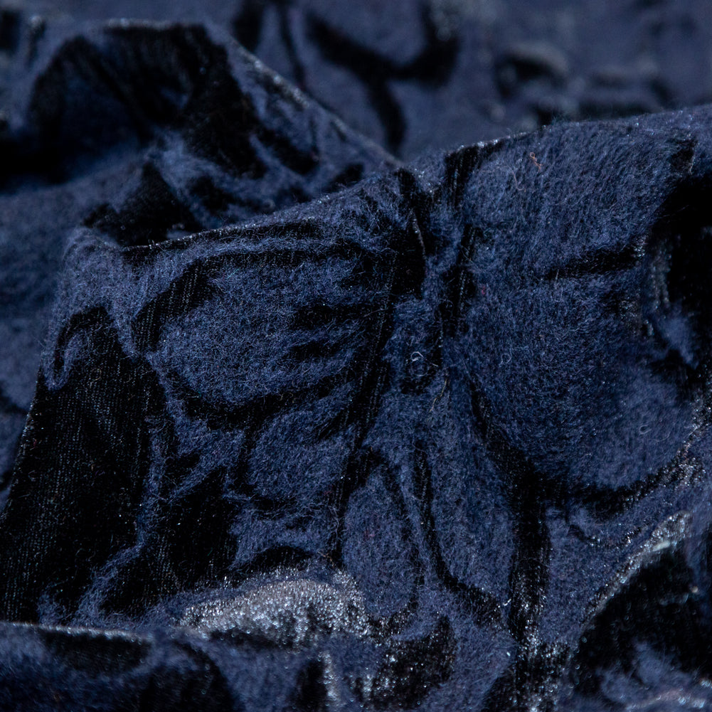 Floral Bonded Wool Knit and Velour - Navy and Black - Joann Fabrics