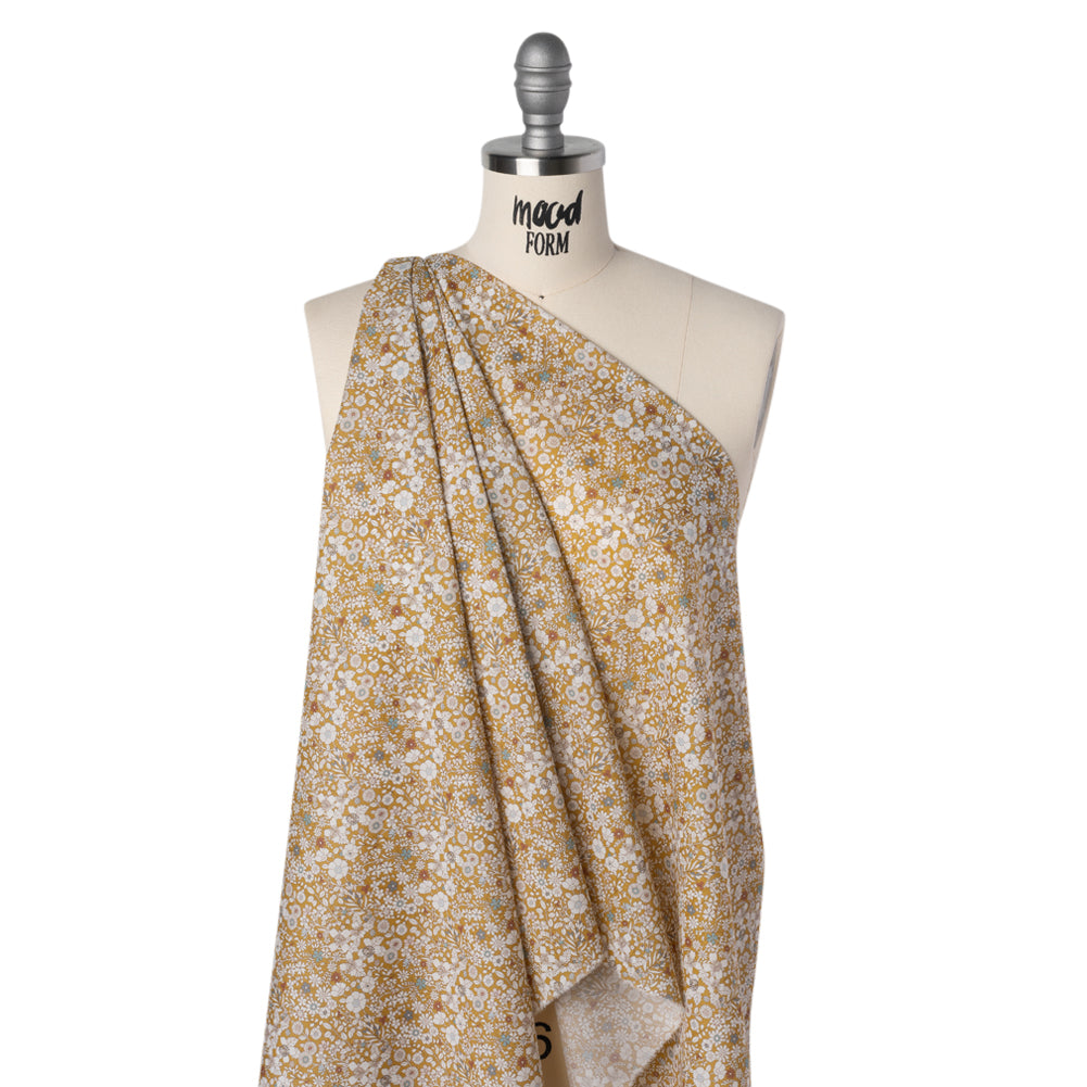 Liberty Fabrics Tana Lawn® - June's Meadow Yellow - Ochre, White and Light Blue Illustrated Flowers - Joann Fabrics