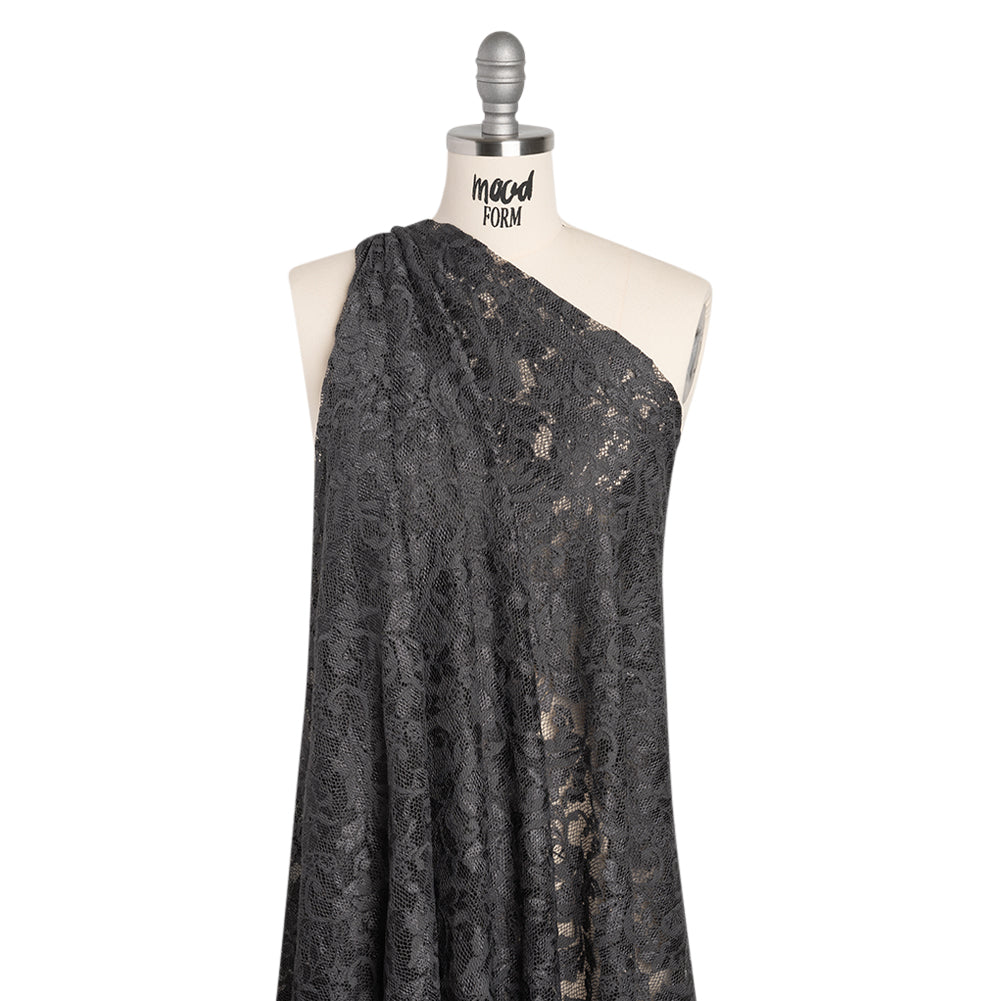 Stretch Raschel Lace with Finished Scalloped Edges - Luminous Gunmetal Gray Flowers, Leaves and Swirls - Crina Collection - Joann Fabrics