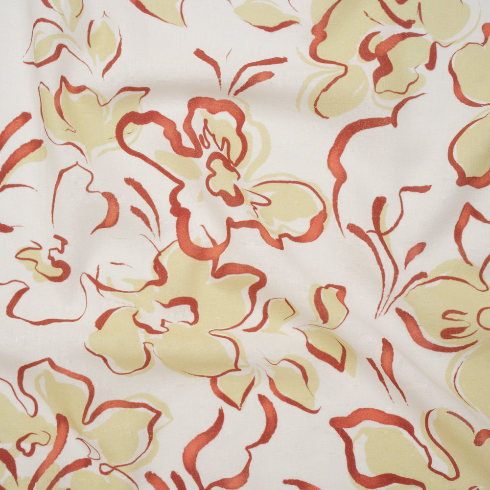 Linen and Rayon Woven - Pale Yellow, Muted Red and Off White Ink Brush Flowers - Mood Exclusive Pastel Botanica Print - Joann Fabrics