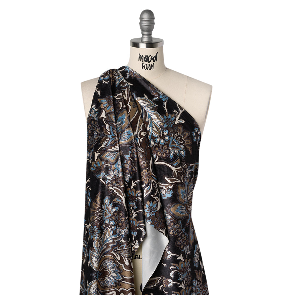 Stretch Polyester Velour - Black, Tan and Sky Blue Jacobean Florals - Designer Deadstock - Joann Fabrics