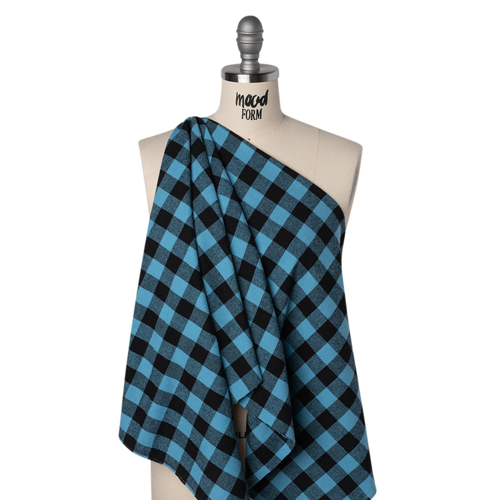 Yarn-Dyed Cotton Twill Flannel - Small Sky Blue and Black Buffalo Check - Deadstock - Joann Fabrics