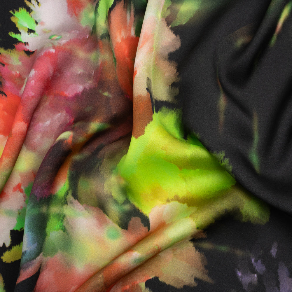 Sustainable and Recycled Viscose Satin Print - Lime Green, Red and Black Abstract Floral - Mood Exclusive Forest of Colors - Joann Fabrics