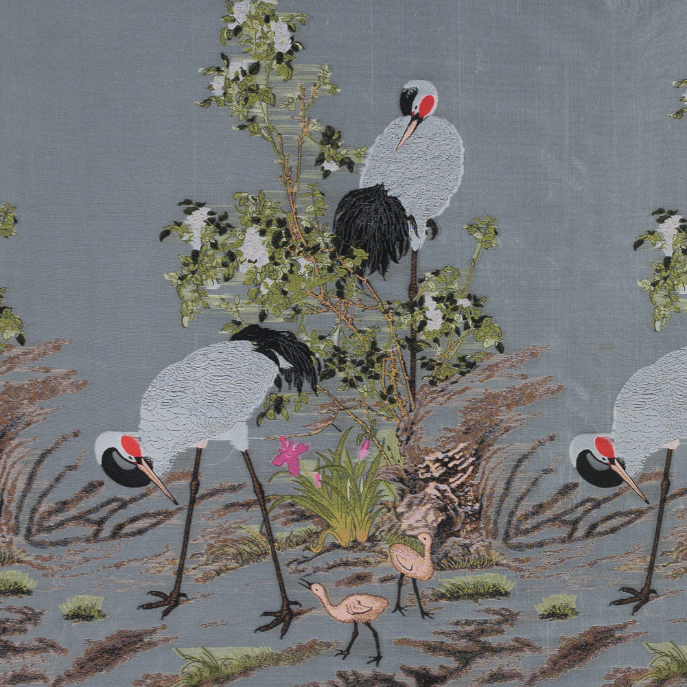 White and Green Asian-Influenced Burnout with Cranes and Branches - Joann Fabrics