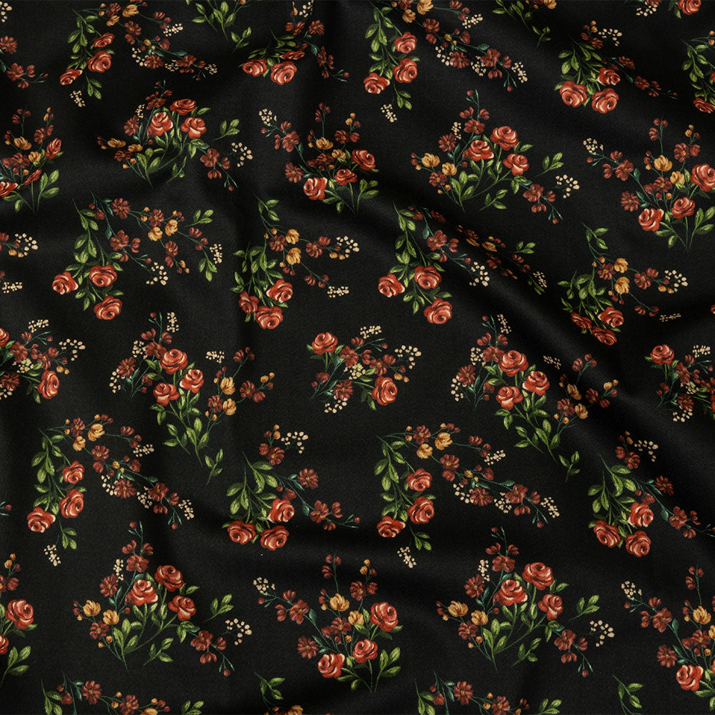 Stretch Cotton Sateen - Black and Pink Floral - Mason Jar Bouquet Print - Mood Exclusive Rockland Collection - Joann Fabrics