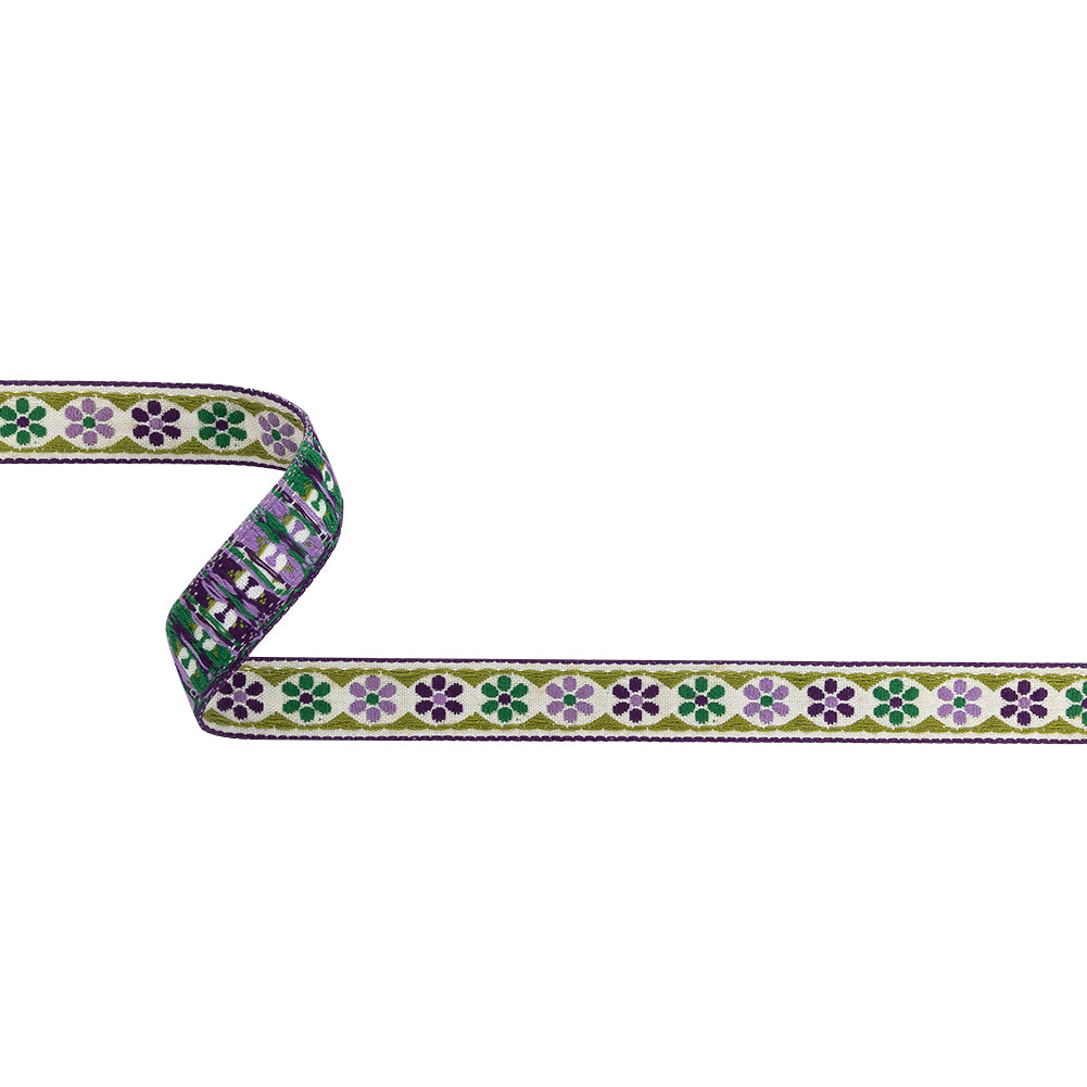 Green, Off-White and Purple Floral German Jacquard Cotton Ribbon - 0.625