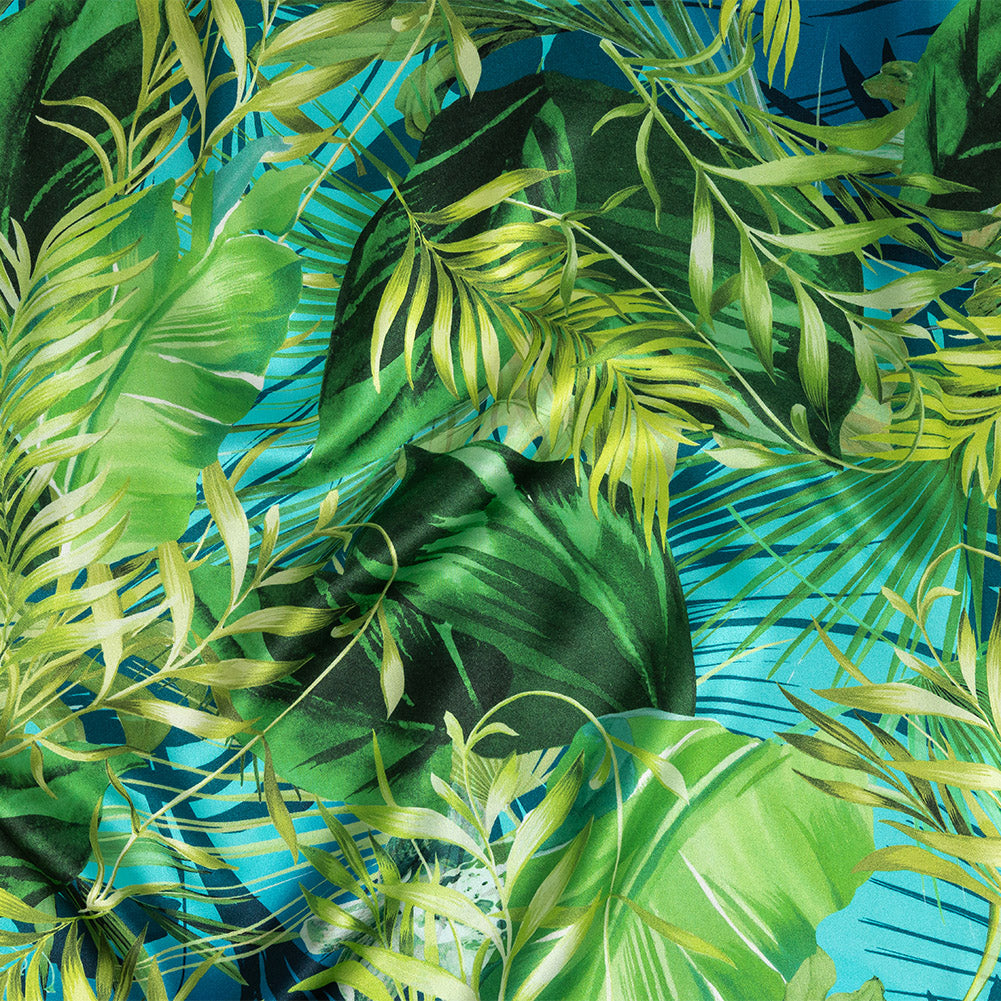 Mood Exclusive Italian Green and Blue Ferns and Foliage Digitally Printed Silk Charmeuse - Joann Fabrics