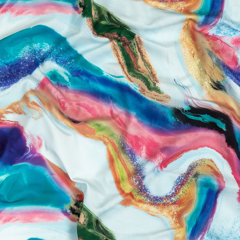 Compression Swimwear Tricot, UV Protective with Aloe Vera Microcapsules - Pale Blue and Rainbow Marbled - Caye Collection - Joann Fabrics