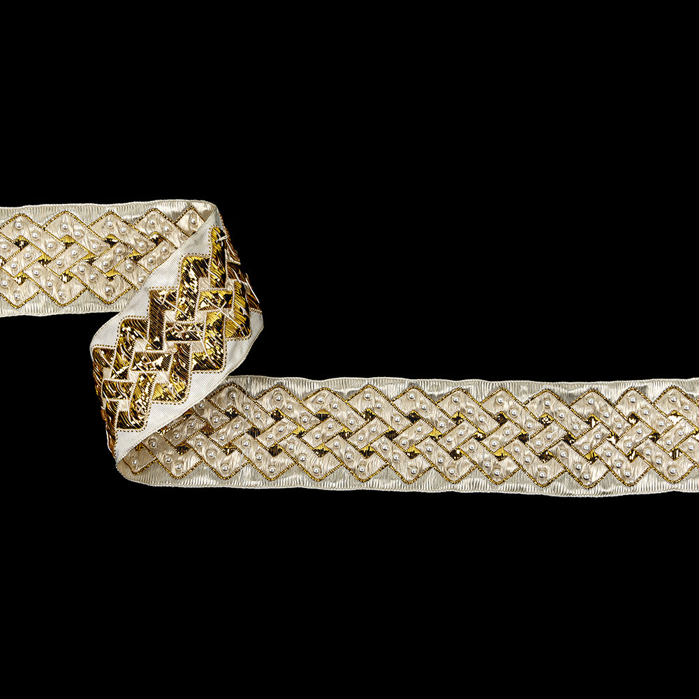 Vintage Ivory and Fleur de Lis Lurex and Rayon Blend Beaded Ribbon - 1.375