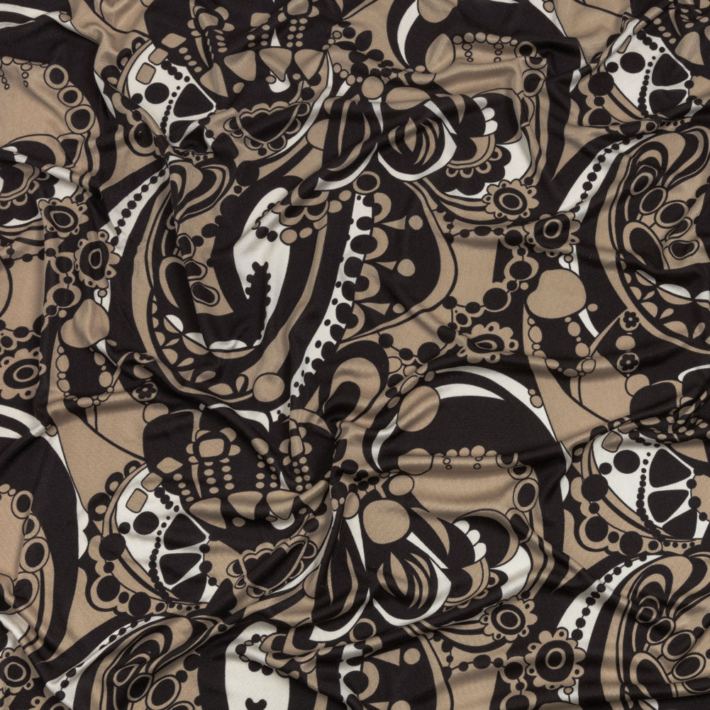 Chocolate, Tan and Whisper White Retro Flowers and Circles Silk Jersey - Joann Fabrics