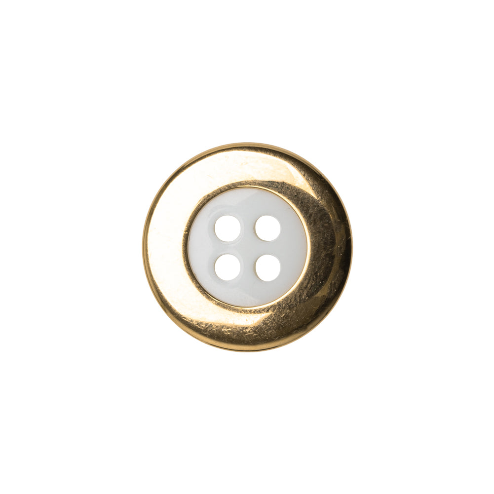 Plastic 4-Hole Button Made in Italy - White and Metallic Gold Convex Narrow Rim - 28L/18mm - Joann Fabrics
