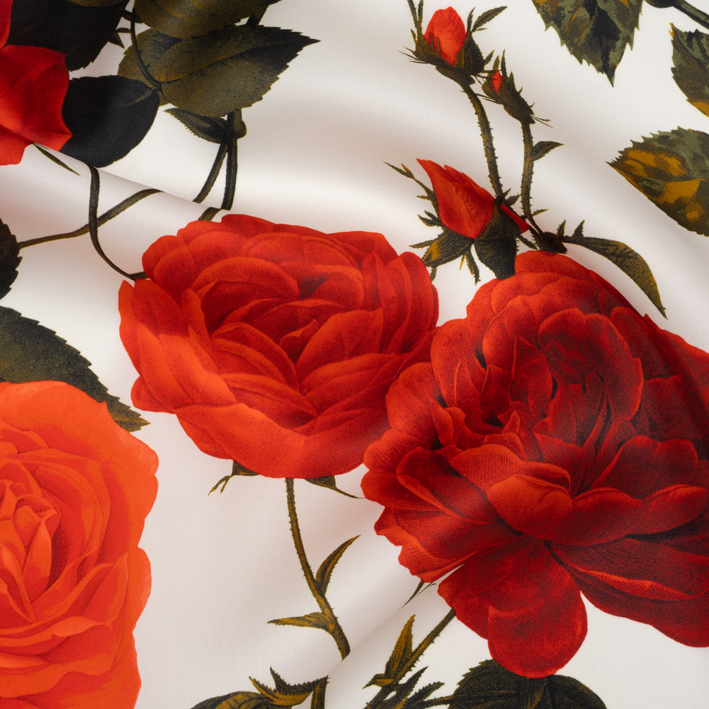 Heavy Silk Satin-Faced Organza, Made in Italy - White, Red and Olive Green Roses and Stems - Joann Fabrics