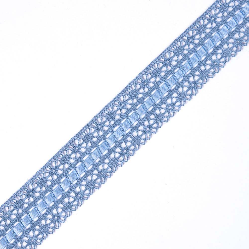 European Light Blue Scalloped Crochet Trim with Ribbon Detail - 1.5