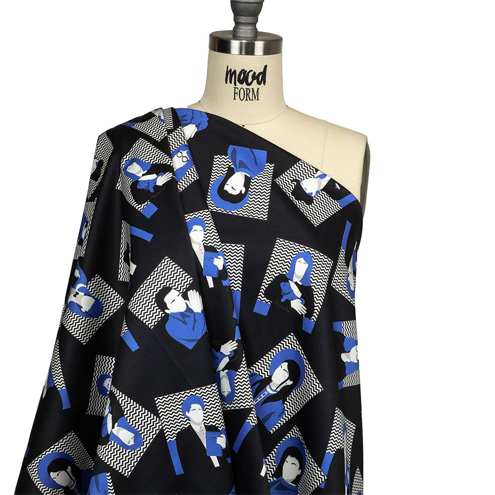 Stretch Cotton Sateen - Blue and Black Talking Heads - In the Blues Print - Mood Exclusive Indigo Collection - Joann Fabrics