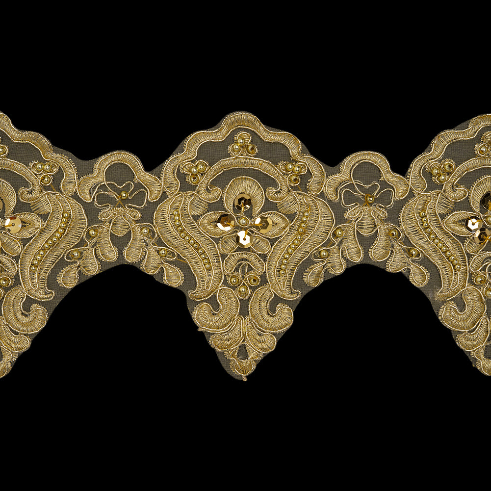 Yaya Han Metallic Corded and Beaded Embroidered Lace Trim - Gold Fae Floral Scallops, 5