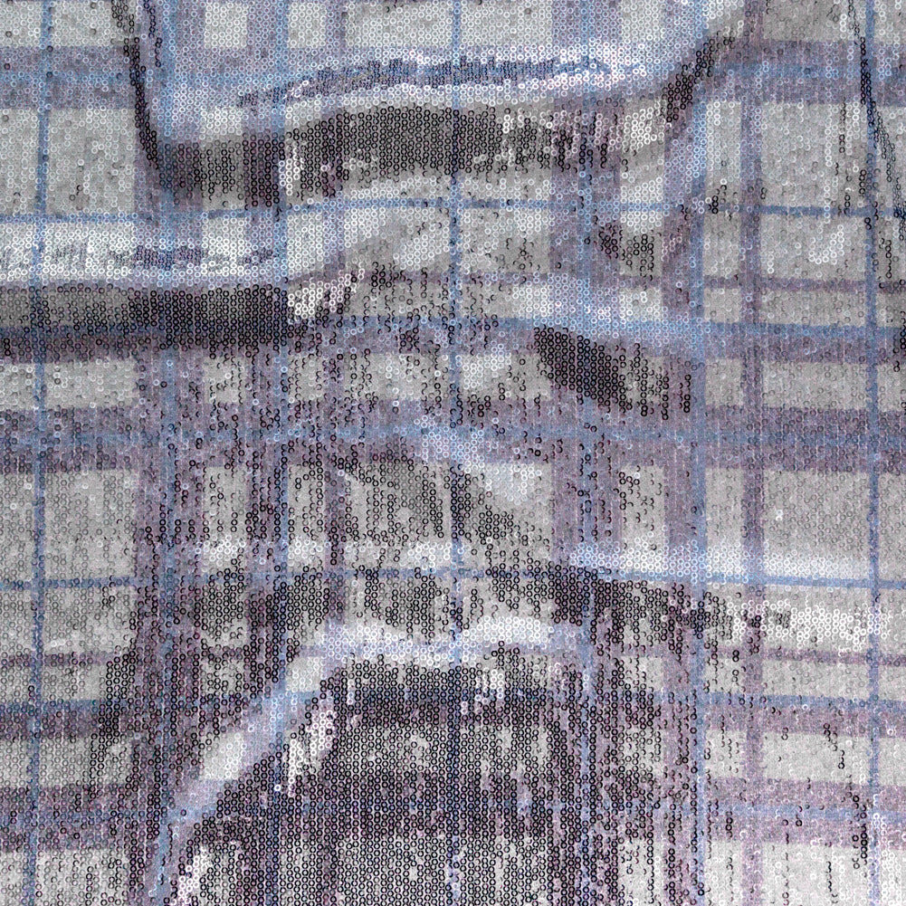 Italian Silver Circle Baby Sequins on Periwinkle, Lavender and White Plaid Mesh - Joann Fabrics