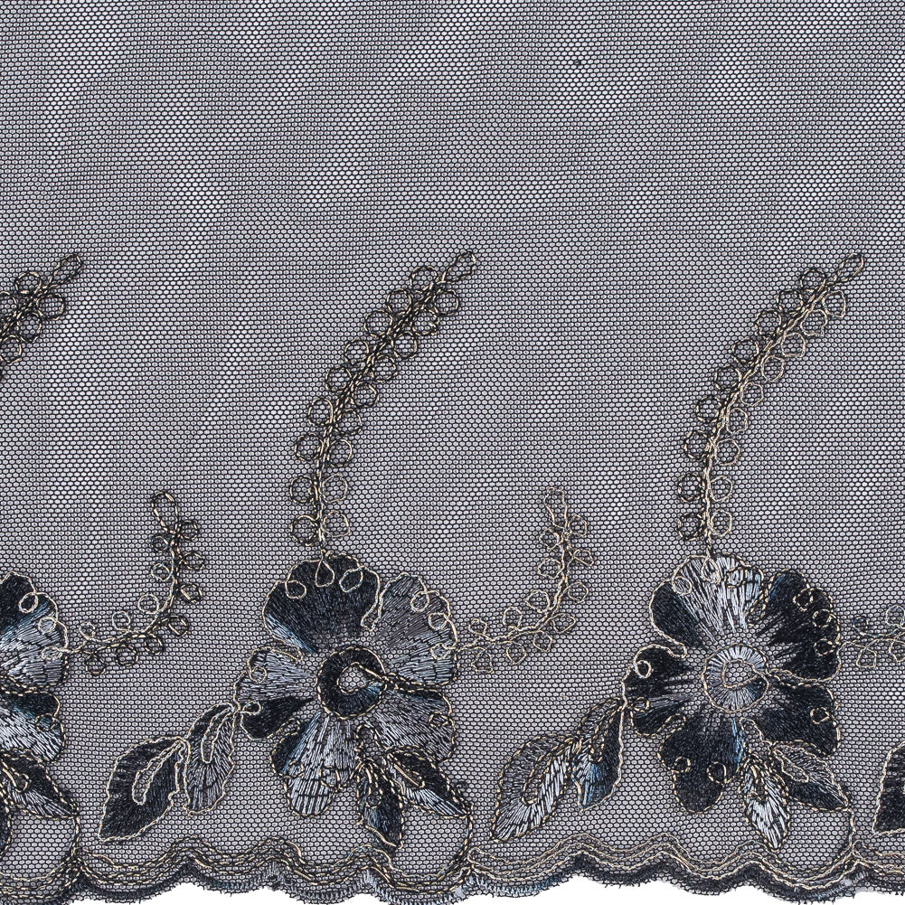 Black and Metallic Gold Embroidered Mesh with a Scalloped Edge - 7
