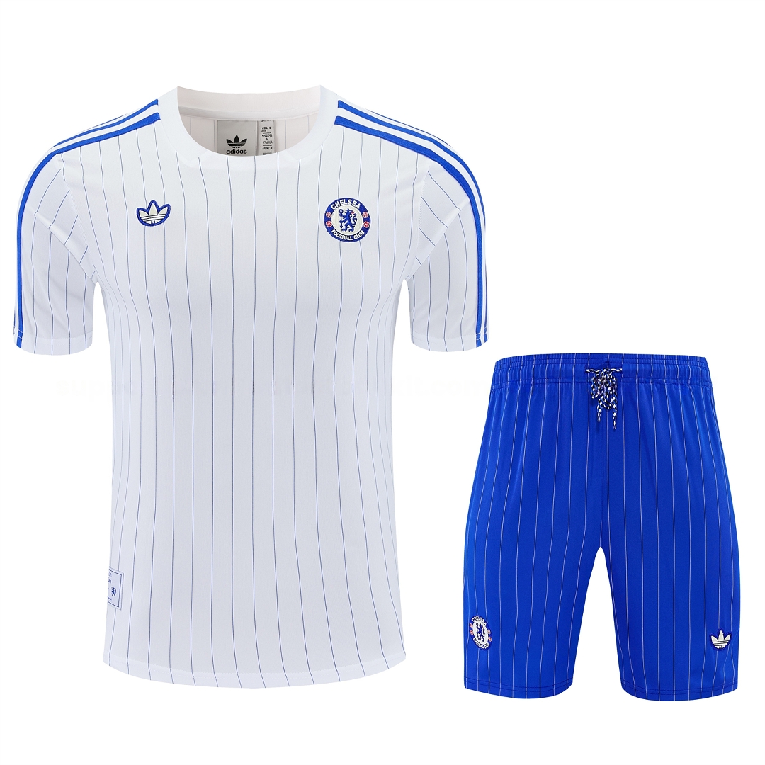 C.H.E.L.S.E.A 25-26 Retro Style Short-Sleeve Training Set - White Top & Blue Stripes Pants - UnitedFutballJersey