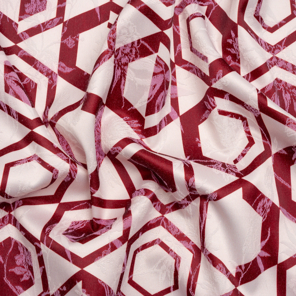 Stretch Flowers and Cranes Jacquard Print - Berry Red and White Hexagons - Mood Exclusive Cherry Hive - Joann Fabrics