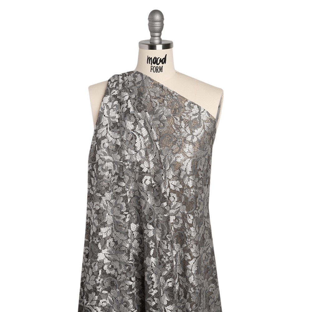 Stretch Raschel Lace with Finished Scalloped Edges - Luminous Silver and Gray Flowers, Leaves and Swirls - Crina Collection - Joann Fabrics