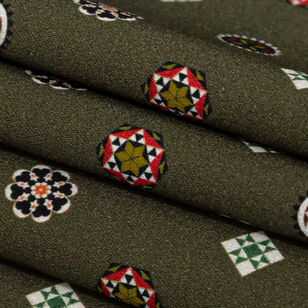 Stretch Cotton Sateen - Olive Green LIttle Medallions - Emblematic Medallions Print - Mood Exclusive Serengeti Collection - Joann Fabrics