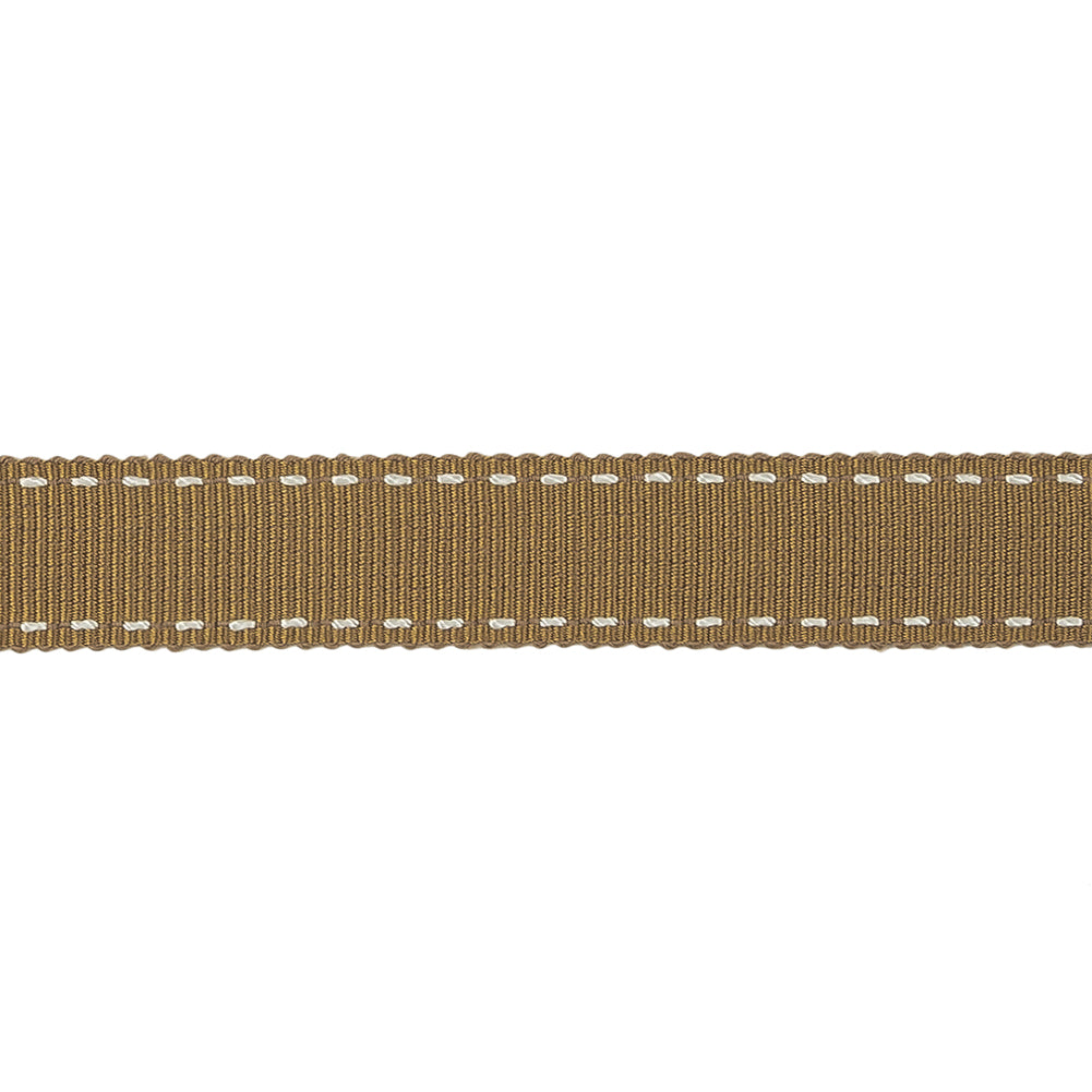 Chai Tea and White Stitched Grosgrain Ribbon - 0.6