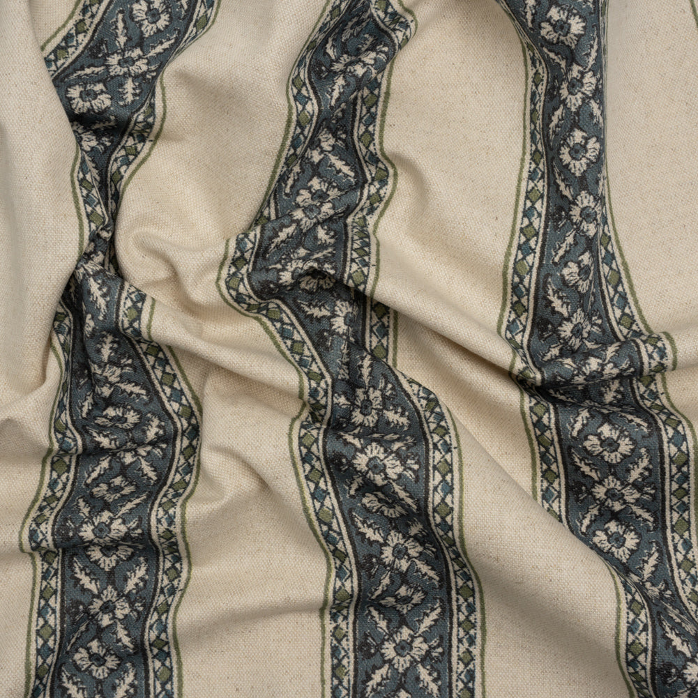 Brushed Cotton and Linen Canvas - Indigo Flowers and Diamonds Stripes - British Imported - Joann Fabrics