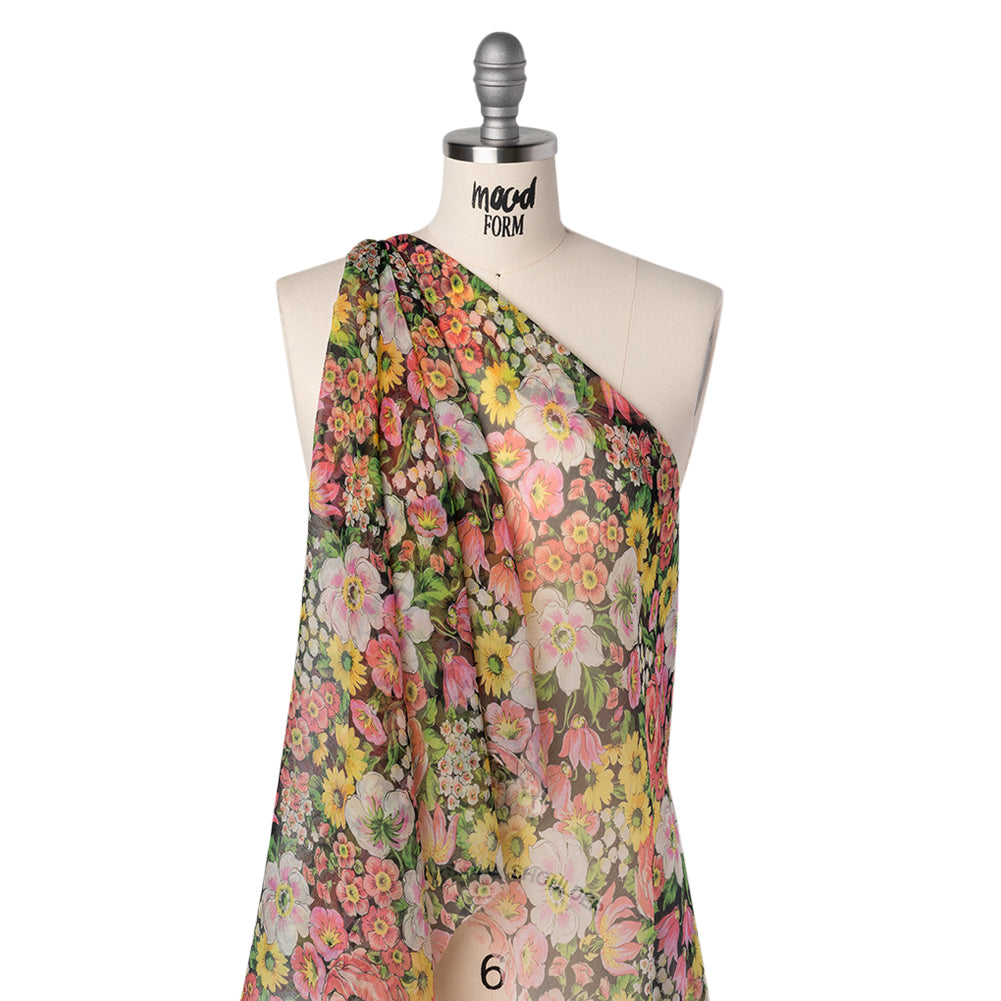 Silk Voile Print Made in Italy - Pink, Yellow and Green Flower Garden - Deadstock - Joann Fabrics