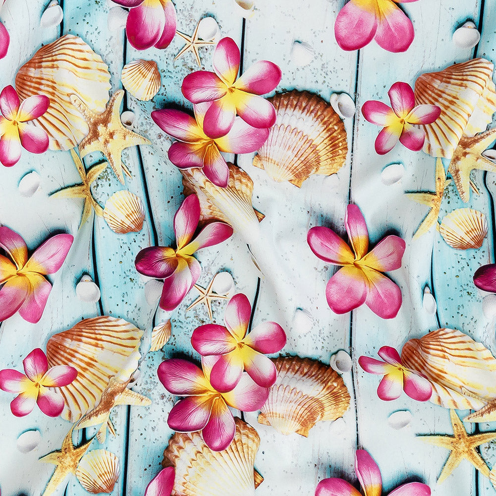 Compression Swimwear Tricot, UV Protective with Aloe Vera Microcapsules - Shells on an Aqua Boardwalk - Caye Collection - Joann Fabrics